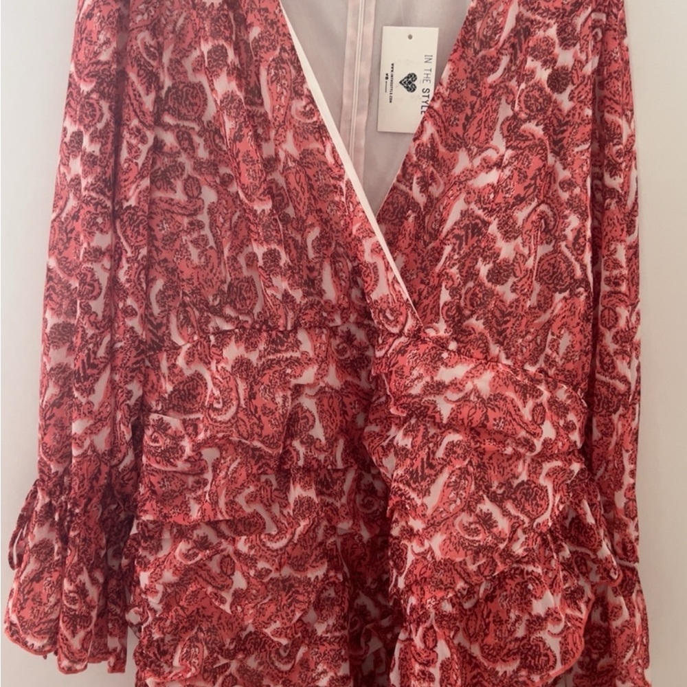Red/Coral Ruffled Wrap Blouse Long Sleeve